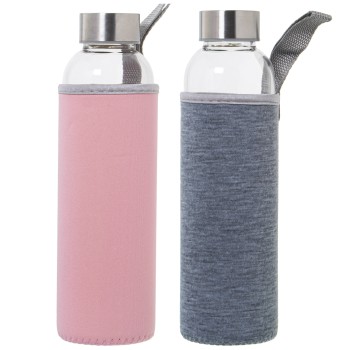 Botella 550 Ml Cristal+90948c/funda Neopreno Rosa/gris Ø7x23cm, Cristal Borosilicato
