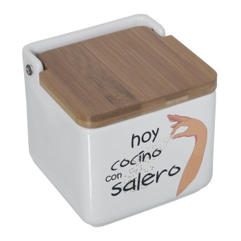 Ceramic Salt Cellar With Wooden Lid -hoy Cocino Con.- 12x12x12cm