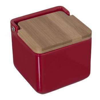 Saliera In Ceramica Con Coperchio In Legno - Rosso 12x12x12cm