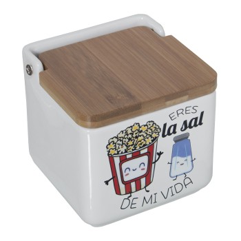 Ceramic Salt Cellar With Wooden Lid -eres La Sal De.- 12x12x12cm