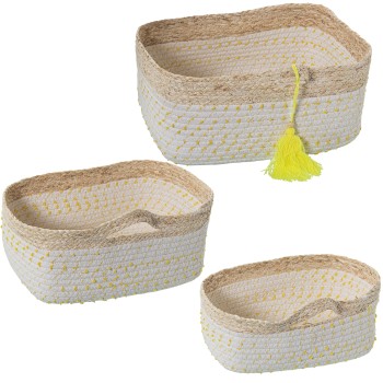 Set 3 Cestini In Foglie Di Mais E Cotone - Naturale Con Pois Gialli- 35x25x15+31x21x13+27x12x11cm