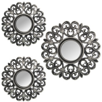 Set 3 Decorazioni Da Parete In Melamina Argentata E Specchio- Ø35cm-1pz, Ø25cm-2pzs