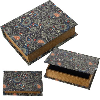 Set 3 Scatole Libri In Legno Dm E Telone In Poliestere- 30x24x8+24x18x6+18x12x4cm