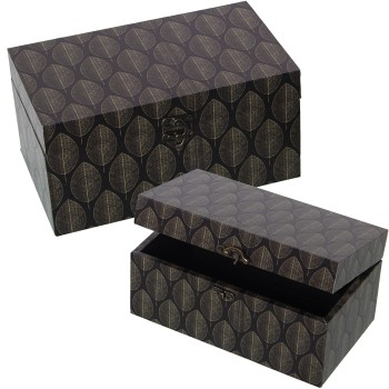 Set 2 Scatole Decorate In Legno Dm E Telone In Poliestere Foglie - Nero- 30x18x15+24x14x12cm