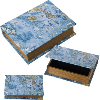 Set 3 Cajas Libros Decorados Madera Dm/lona Poliéster Azul+ 30x24x8+24x18x6+18x12x4cm