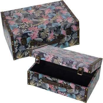Set 2 Maletas Decoradas Madera Dm/lona Poliéster Hojas 34,5x24,5x14+30x20x11,5cm