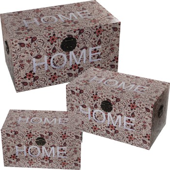 Set 3 Decorated Wooden Trunks Home - Dm/polyester Canvas- 65x38x35+55x32x30+45x26x25cm