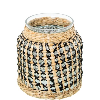 Vaso Portacandele In Vetro Ed Erba Marina Ø18x20cm