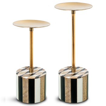 Set 2 Bougeoirs En Métal/bois_ø10x20+ø10x24cm