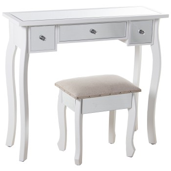 Tavolo Da Toilette In Legno E Specchio + 92278 Con Sgabello Bianco- 90x32,5x80cm,tabur:40x34x43cm