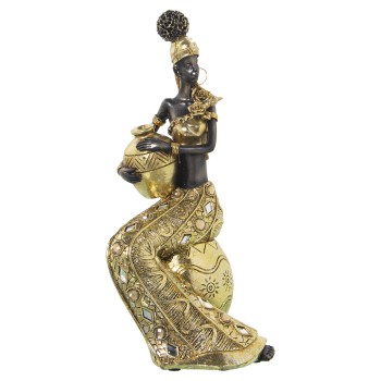 Statuette En Résine - Femme Africaine Assise - Doré- 14x12x29cm