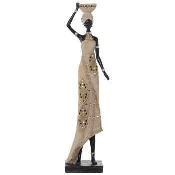 Statuetta In Resina - Donna Africana Con Una Ciotola Sulla Testa- 18x12x67cm