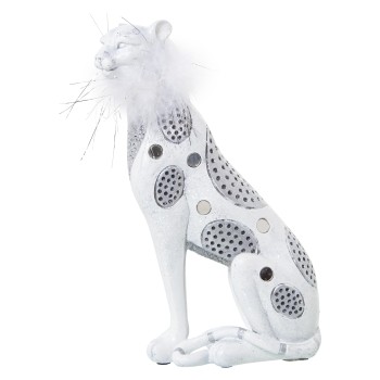 White And Silver Resin With Artificial Feather Leopard Figure- 16x8x25cm