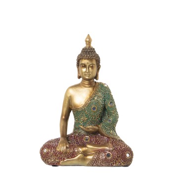 Statuetta In Resina - Buddha - Dorato E Colorato- 22x11x30cm