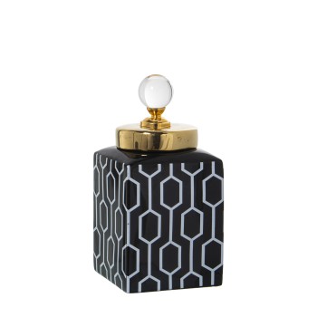 Potiche In Ceramica Con Palla In Vetro Sopra Il Coperchio - Bianco E Nero- 11x11x23cm