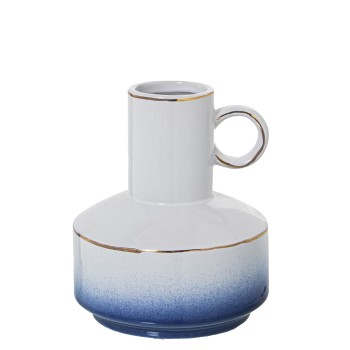 Vaso In Ceramica Con Maniglia - Bianco E Azzurro- Ø14x17cm