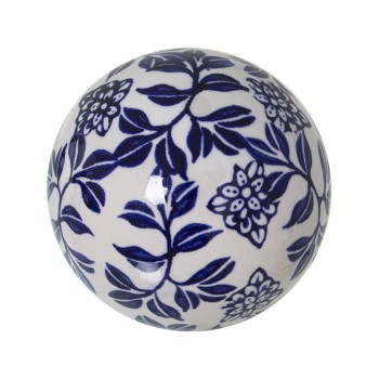 Boules En Céramique - Blanc Avec Feuilles Bleues Ø9cm