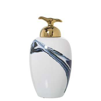 White And Blue Ceramic Ginger Jar With Gold Lid- Ø19x36cm