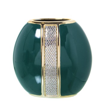 Vaso In Ceramica - Verde E Oro Con Brillantini Argentati- 21x11x20cm