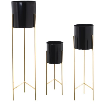 Set 3 Jardinieres Metal Noir Avec Des Pieds Dores- _ø21x93+ø18x75+ø16x51cm