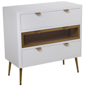 Cassettiera In Legno Con 3 Cassetti ( 1 Cassetto In Vetro) - Bianco E Dorato- 80x40x80cm, Alt.patas:20,5cm