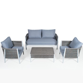 Set 2 Fauteuils+ Sofa 2 Places+ Table À Thé, Aluminium Et Osier, Sofa:165x79x70cm Fauteil:74,5x79x70cm Table:98x61x40cm