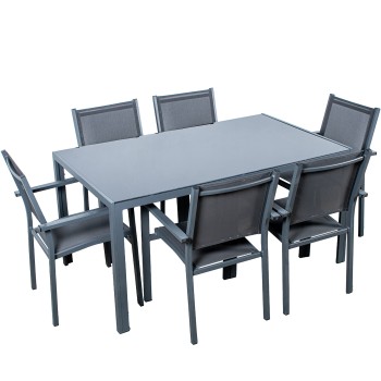 Set Mesa Comedor+6 Sillas Aluminio/ Textileno Negro +91983 mesa:150x90x74 Silla:56x62x88