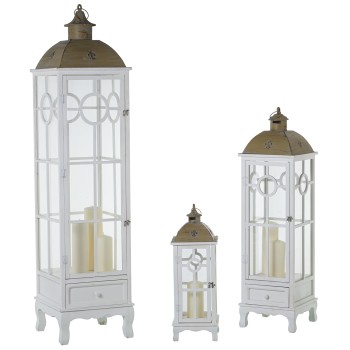 Set De 3 Lanternes En Bois Et Métal - Blanc - Épicéa + Fer + Verre- 21x21x64+28x28x102+26x26x149cm