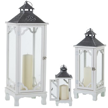 Set 3 Faroles Madera/metal Blancos, Abeto+hierro+cristal 14x14x35+21x21x59+28x28x87cm