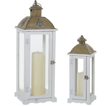 Set 2 Faroles Madera Blanco/cristal/metal 16x16x47+23x23x65cm