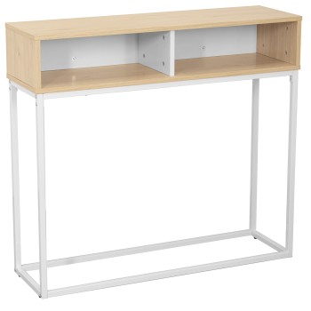 Consolle Da Ingresso In Metallo Bianco E Legno Naturale- 100x30x91cm, Alt.patas:70cm