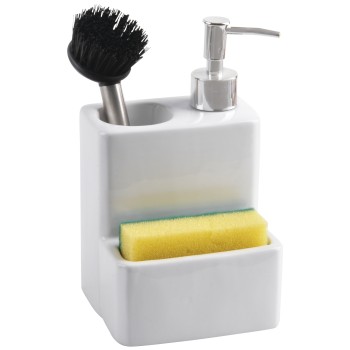 White Ceramic Soap Dispenser With Sponge Holder 11x9x18cm