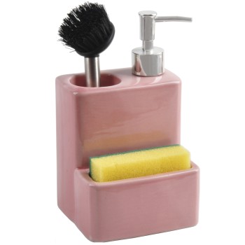 Dosificador Estropajero Cerámica Rosa C/cepillo Y Esponja 11x9x18cm