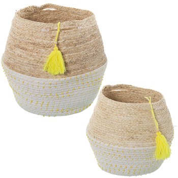 Set 2 Cotton Natural Corn Leaves Baskets W/ Yellow Polka-dots And Tassels- Ø28x36+ø23x29cm