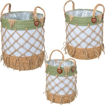 Set 3 Paniers En Osier Et Tissu Blanc Ø33x43+ø30x37+ø24x31cm