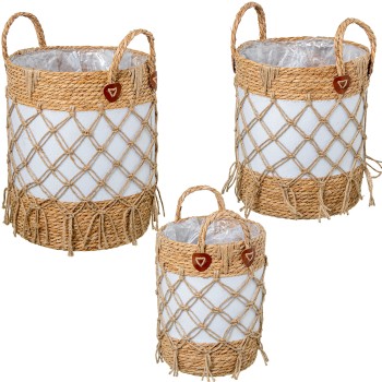 Set 3 Wicker Baskets W/white Fabric Ø33x43+ø30x37+ø24x31cm