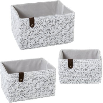 Set 3 Cestos De Arrumação Em Tecido Branco 31x25x19+28x21x17+23x17x15cm