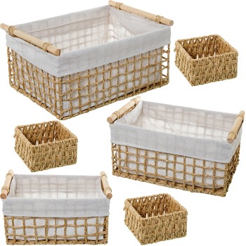 Set 6 Paniers En Corde De Papier Avec Tissu 70%+30% Coton/polyester 50x35x25+44x30x20+37x25x17+17x17x10*3pcs