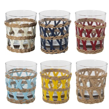 Vaso Bajo Cristal Transp. 200ml C/mimbre Colores Surtidos Ø8x9,5cm, Mimbre Desenfundabl