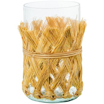 Portacandele In Vetro Con Rafia Ø14x20cm