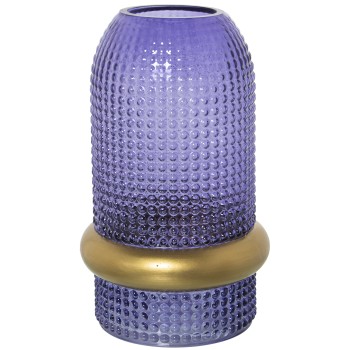 Vaso De Vidro Azul Com Anel Dourado Ø15x25cm, Boca:ø7,5cm