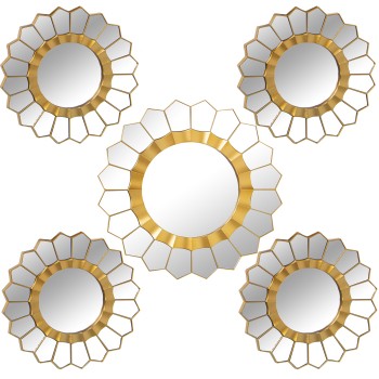 Set De 5 Décorations Murales En Mélamine Et Miroir - Doré- 1xø55cm + 4xø25cm