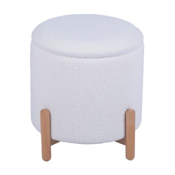 Pouf Rembourré Blanc Avec Pieds En Bois Naturel / Fonction De Rangement_ø41x40cm