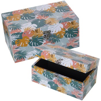 Set 2 Decorated Wooden Boxes Leaves - Dm/polyester Canvas- 30x18x15+24x14x12cm