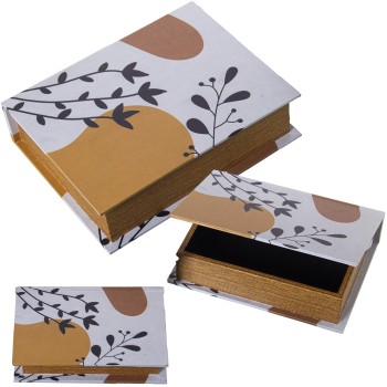 Set 3 Decorated Wooden Book Boxes - Dm/polyester Canvas- 30x24x8+24x18x6+18x12x4cm