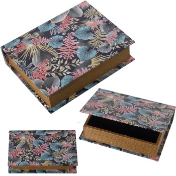 Set 3 Cajas Libros Decorados Madera Dm/lona Poliéster Hojas 30x24x8+24x18x6+18x12x4cm