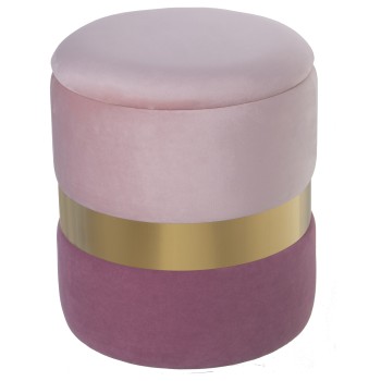 2 Shades Of Pink Velvet Storage Pouffe Ottoman With Golden Steel Band 7cm- Ø37x43cm, Poliéster/dm