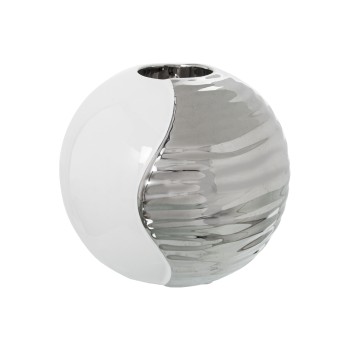 Portacandela In Ceramica - Bianco E Argentato- Ø14x12cm