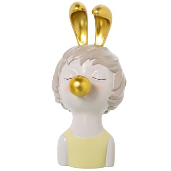 Figura Resina Cabeça De Rapariga C/pastilha Elástica Dourada_12x15x25cm