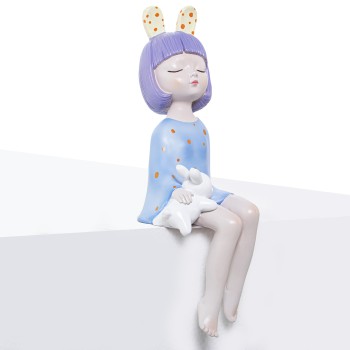 Figurine Resine Fille Assise En Robe Bleue Et Lapin_12x12x32cm